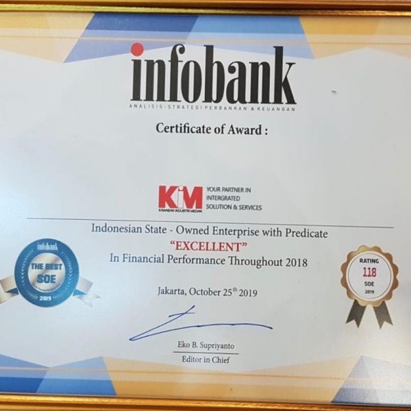 PT. KIM received an award as a BUMN with the title  Excellent  in financial performance during 2018