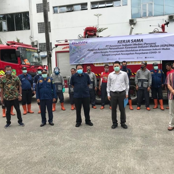 Spraying disinfectant in the Medan industrial Estate