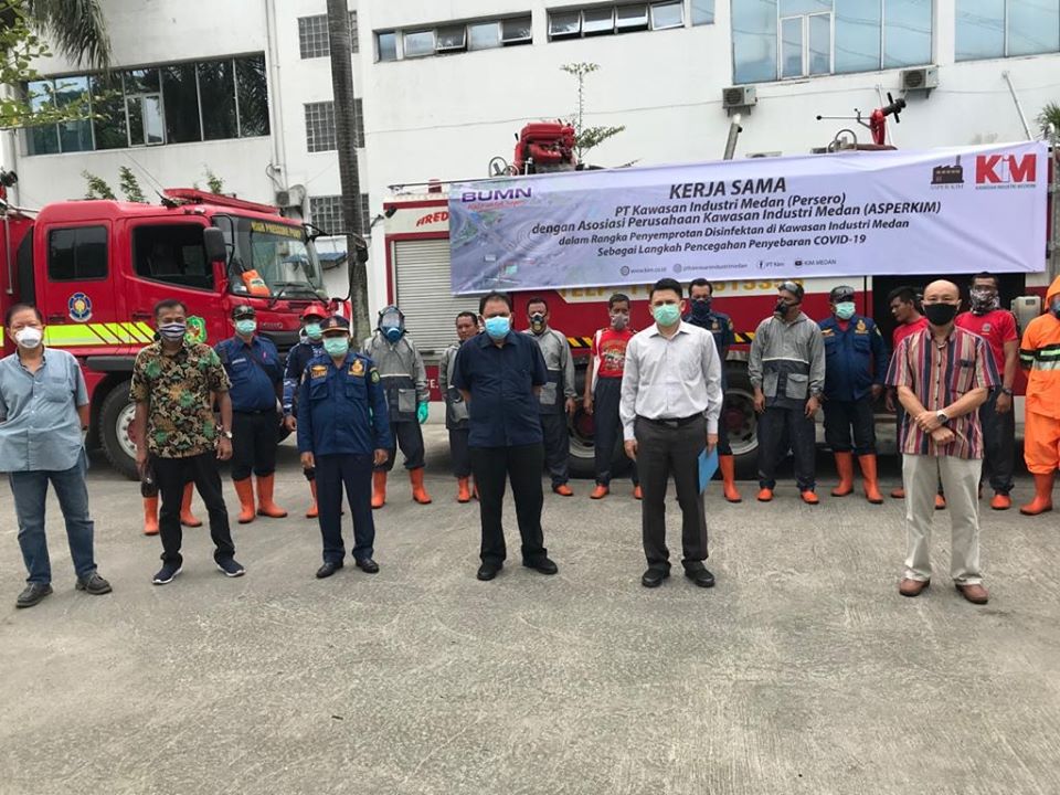 Spraying disinfectant in the Medan industrial Estate