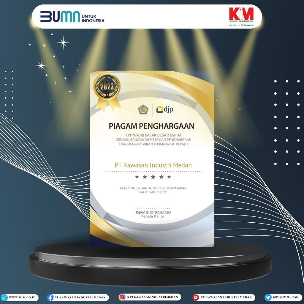 PT Kawasan Industri Medan received an award from the Large Taxpayers Office Four (KPP Wajib Pajak Besar Empat) for its synergy and contribution to taxation in 2022